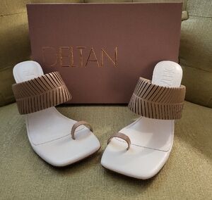 Elegant White and Brown Heels with Square Toe Design